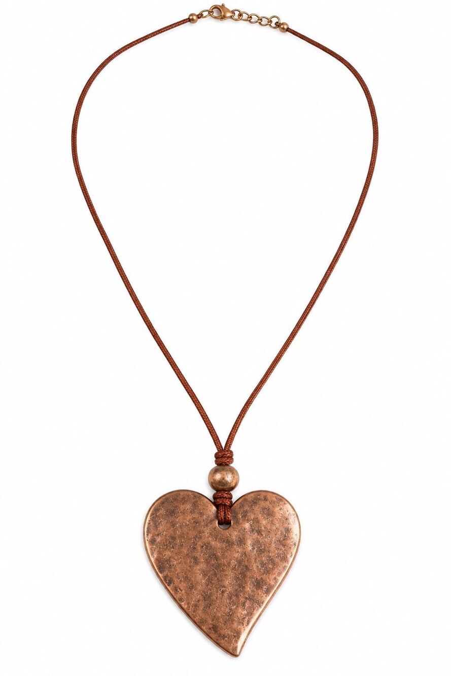 Antique Gold Tone Large Heart Pendant Brown Cord Necklace Boho Statement